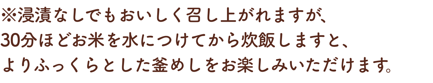 ※浸漬なしでもおいしく召し上がれますが、30分ほどお米を水につけてから炊飯しますと、よりふっくらとした釜めしをお楽しみいただけます。